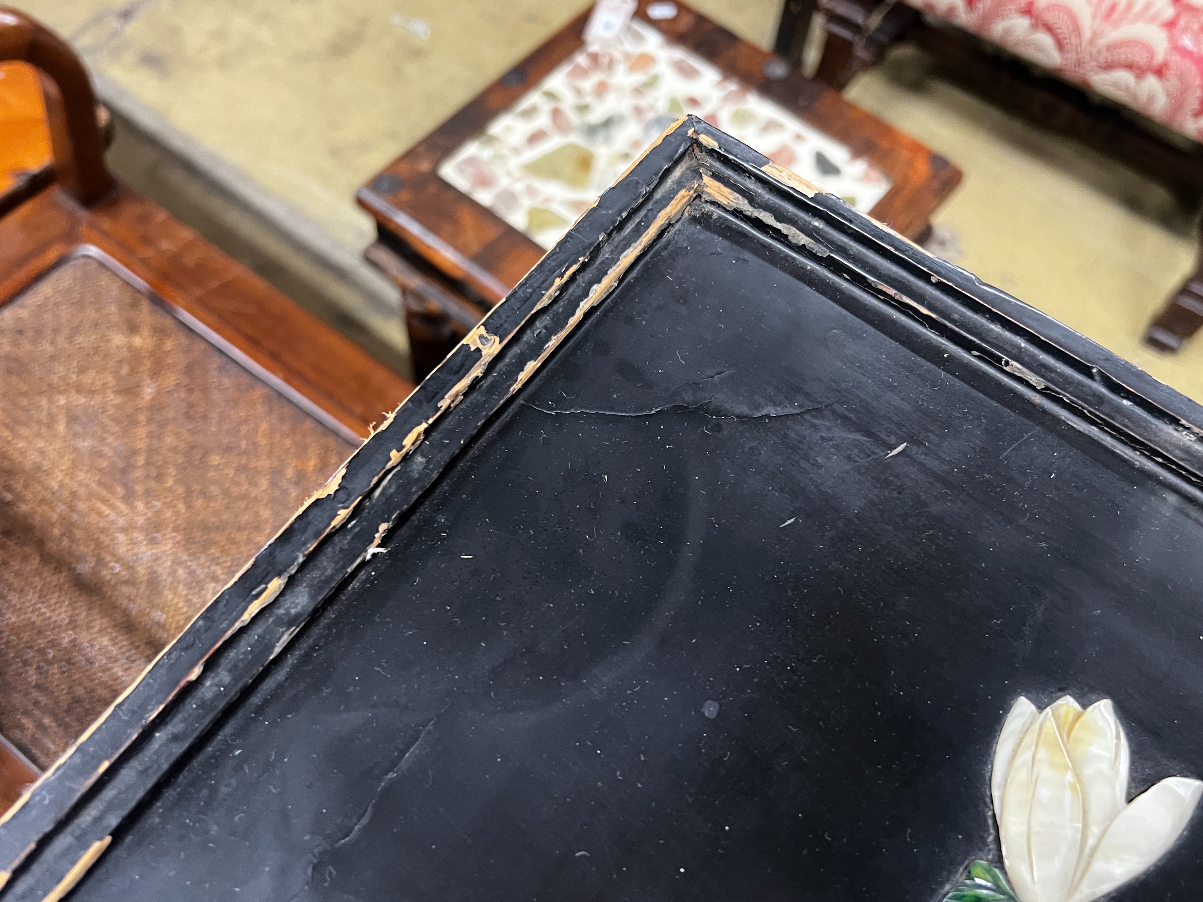 A rectangular Chinese lacquer hardstone mounted low table, length 81cm, width 51cm, height 31cm